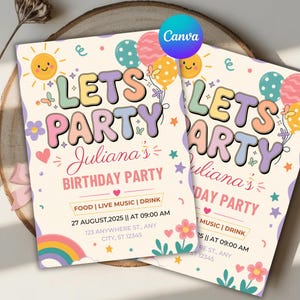 Könnte beinhalten: Zwei Geburtstagseinladungen mit dem Text "LET'S PARTY" in bunten Buchstaben. Die Einladungen zeigen einen Regenbogen, Luftballons, Blumen und den Text "Juliana's BIRTHDAY PARTY". Datum und Uhrzeit sind ebenfalls angegeben.