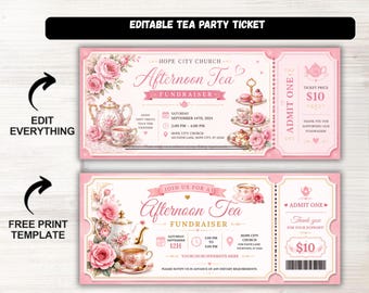 Editable Tea Party Ticket | Printable Party Invitation Ticket | Afternoon Tea Event Pass | Edit Online with Canva | Instant Digital Download