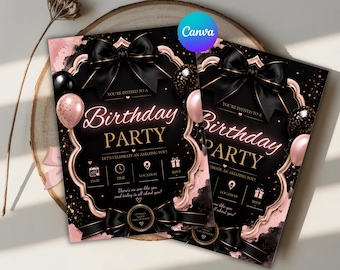 Black Bow Birthday Invitation Template | Editable Elegant Birthday Party Invite | Printable Canva Celebration Invitation