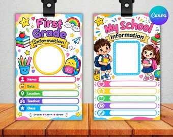 My School First Grade ID Badge Template, Editable Student ID Card, First Grade School Badge, Classroom Name Tag, Printable Canva Template