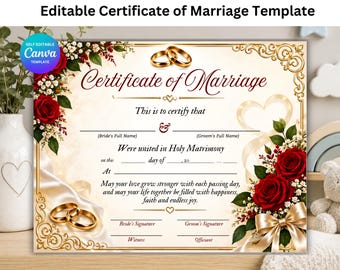 Editable Certificate of Marriage Template | Printable Wedding Certificate | Marriage Keepsake | Canva Editable Template