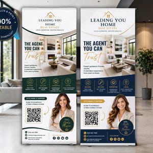 Può includere: Due banner verticali avvolgibili per il settore immobiliare con il testo Leading You Home Real Estate, The Agent You Can Trust e Let's Make It Happen. Ogni banner mostra una foto di un soggiorno, un codice QR e una donna in blazer.