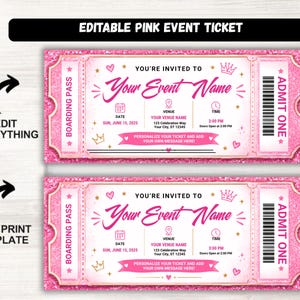 May include: An editable pink event ticket template featuring a glittery border, a barcode, and text fields for event name, date, venue, and time. The design includes icons of a crown, heart, calendar, location pin, and clock on a white background.