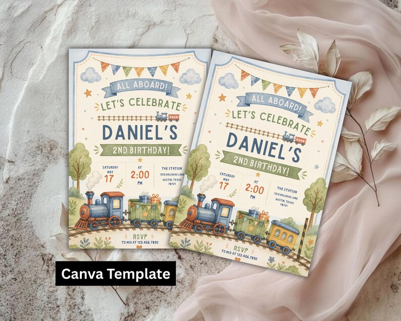 May include: Two rectangular birthday invitation cards featuring a watercolor train theme. The text reads ALL ABOARD! LET'S CELEBRATE DANIEL'S 2ND BIRTHDAY! with details for Saturday May 17 at 2:00 PM at The Station. A blue steam engine pulls green and yellow train cars.