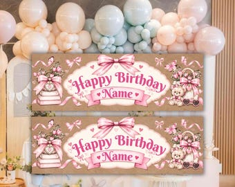 Pink Bow Coquette Birthday Banner, Girly Birthday Party Decor, Pink Bow Banner Template, Feminine Party Decoration, Editable Canva Banner