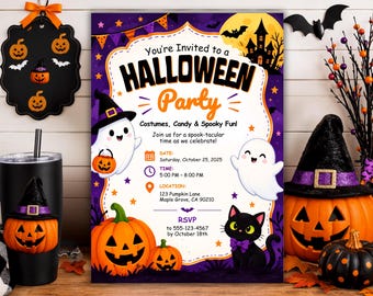 Kids Halloween Party Invitation, Halloween Birthday Invite, Spooky Kids Party Invitation, Halloween Party Template, Editable Canva Invite