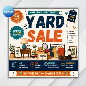 May include: A yard sale flyer featuring the text YARD SALE in large blue and orange letters. It includes illustrations of a lamp, books, a teddy bear, clothing on a rack, and a blender. The flyer lists date, time, location, and items like clothes, furniture, home goods, books, and toys.