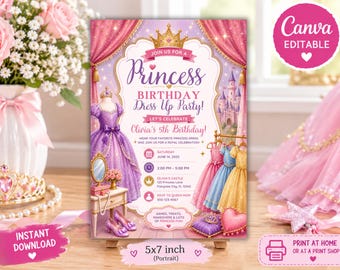 Princess Birthday Dress Up Party Invitation, Editable Princess Party Invite, Girls Birthday Invitation Template, Canva Printable Invitation