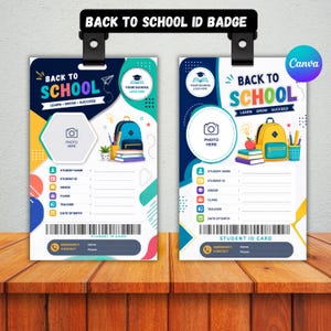 Peut inclure: Deux modèles de badges d'identification scolaire verticaux sur le thème 'Back to School', avec des graphismes colorés de sacs à dos, de livres et de crayons. Chaque carte inclut un emplacement photo, des champs d'informations et un code-barres.