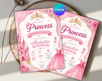 Princess Birthday Invitation Template |  Birthday Party Invite | Pink Castle Theme Invitation| Kids Birthday Invitation |Digital Download