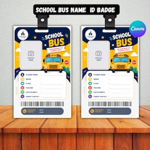 School Bus Name ID Badge Template, Editable Student Name Tag, Cute Bus ID Card, Printable Classroom Badge, Canva Digital Download