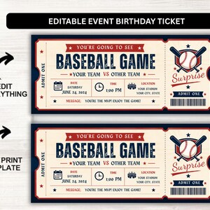 Puede incluir: Una plantilla de boleto de cumpleaños editable para un partido de béisbol con fondo crema y detalles en rojo y azul marino. El boleto muestra el texto 'YOU'RE GOING TO SEE BASEBALL GAME', 'SURPRISE', 'ADMIT ONE' e iconos de calendario, reloj y estadio.