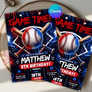 May include: A rectangular birthday invitation card featuring a baseball theme with red and blue paint drip effects. The text reads GAME TIME, MATTHEW 8TH BIRTHDAY, JUNE 18TH, 12:00 PM, NOAH'S HOUSE, 456 HAPPY LANE, DOVER, OH 44622, and RSVP TO BEN.
