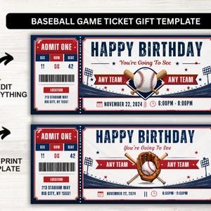 May include: A baseball game ticket gift template featuring two designs with red, white, and blue colors. The tickets include text such as HAPPY BIRTHDAY, ADMIT ONE, ANY TEAM, and specific date and time details. Graphics include a baseball, bats, and a glove.