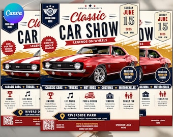 Classic Car Show Flyer ,Editable Canva Template, Vintage Auto Event Flyer, Retro Car Meet Poster, Printable Digital Flyer