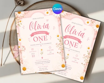 Daisy First Birthday Invitation Template | Boho Floral 1st Birthday Invite | Editable Canva Girls Party Invitation