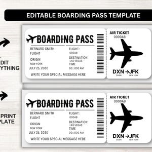 May include: A white boarding pass template with black text and a black airplane graphic. The text includes "BOARDING PASS", "AIR TICKET", and editable fields for flight details. The template also includes the text "EDIT EVERYTHING" and "FREE PRINT TEMPLATE".