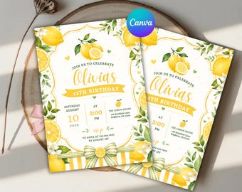 Editable Lemon Birthday Invitation, Lemon Themed Birthday Party Invite, Citrus Birthday Invitation, Summer Birthday Canva Template