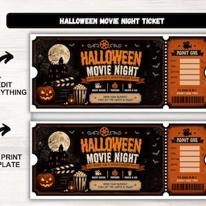 Pode incluir: Um modelo de bilhete para noite de cinema de Halloween com design em preto e laranja, lua cheia, casa assombrada, abóbora e rolo de filme. O texto diz Halloween Movie Night, Admit One, e inclui campos para data, hora, local, filme e assento.