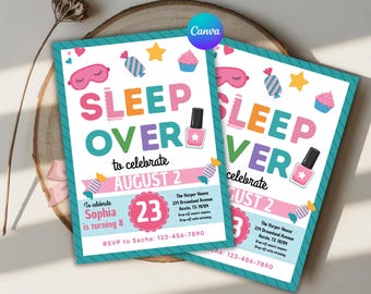 Sleepover Party Invitation Template, Editable Pajama Party Invite, Girls Slumber Party  Invitation, Glow Sleepover Birthday Invite
