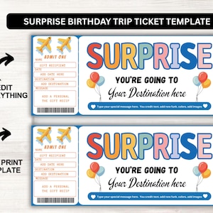 May include: A blue and white printable birthday trip ticket template with the word "SURPRISE" in colorful letters. The ticket includes space for the recipient's name, destination, and a personalized message. The template also features airplane graphics and balloons.