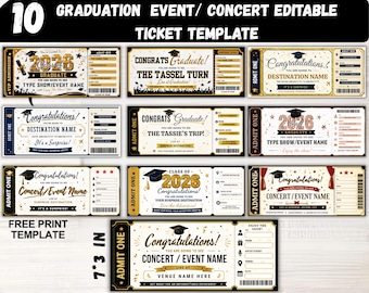 Puede incluir: Un conjunto de 10 plantillas de entradas editables para eventos de graduación o conciertos, con diseños en dorado, negro y blanco que incluyen birretes, confeti y campos de texto para los detalles del evento, además de códigos de barras.