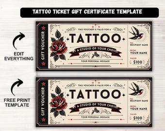 Editable Tattoo Gift Certificate Template | Printable Tattoo Gift Voucher | Custom Gift Card | Canva Digital Download