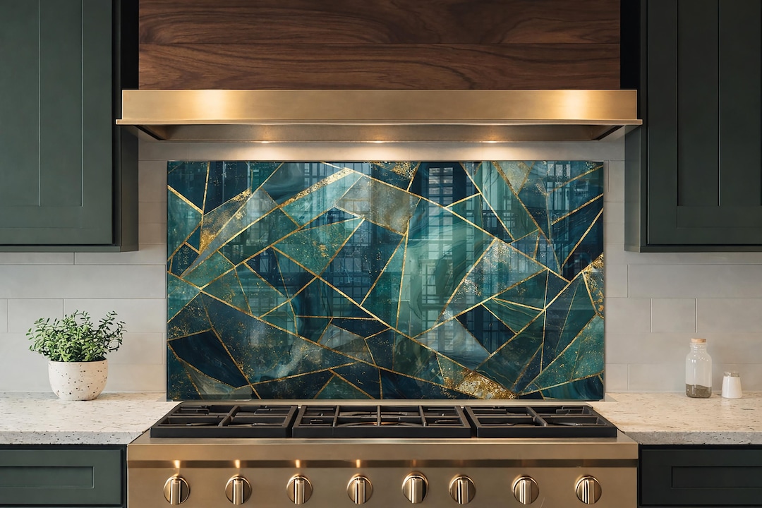 Teal Marble Geometric Kitchen Backsplash | Luxury Gold Vein Glass Stove ...