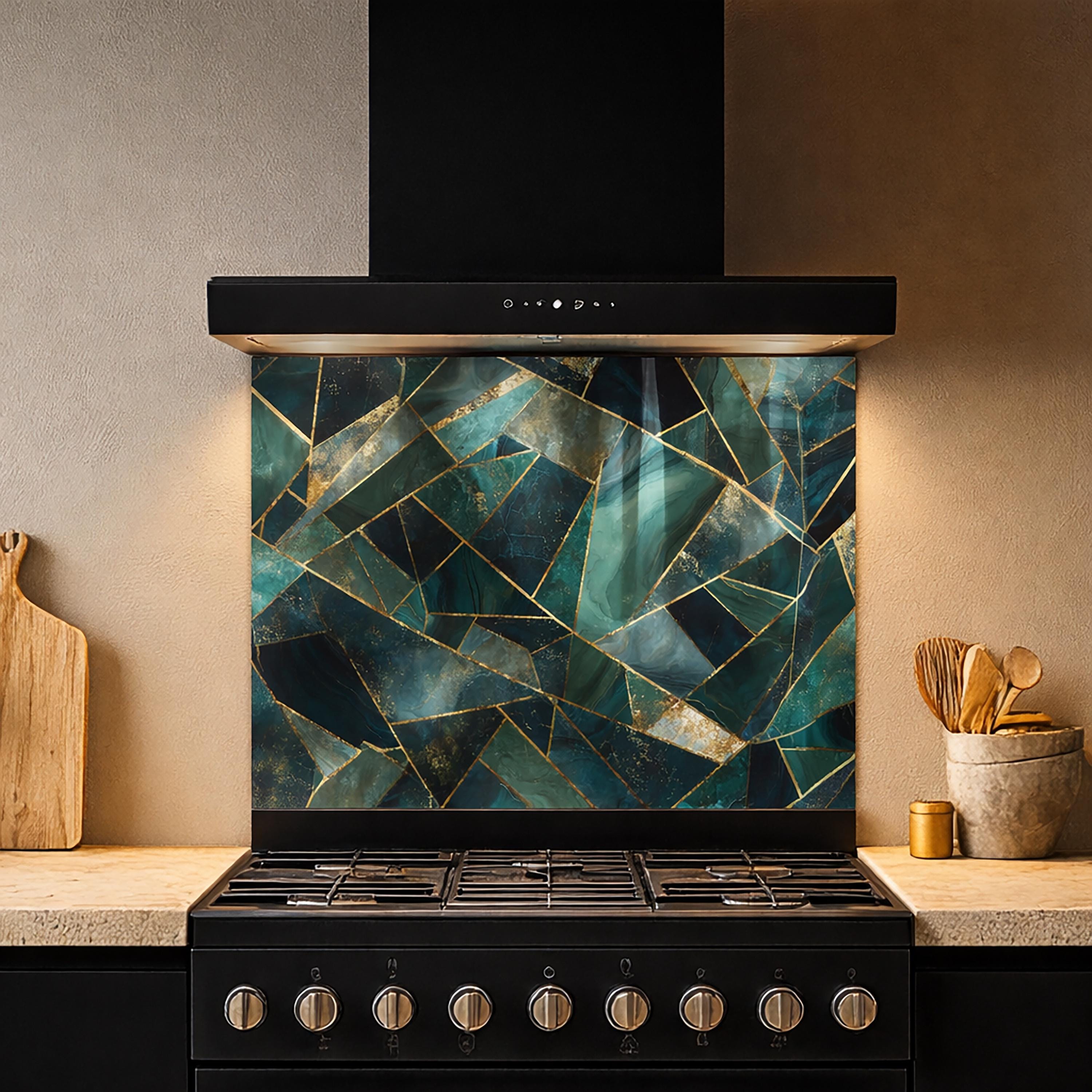 Teal Marble Geometric Kitchen Backsplash | Luxury Gold Vein Glass Stove ...