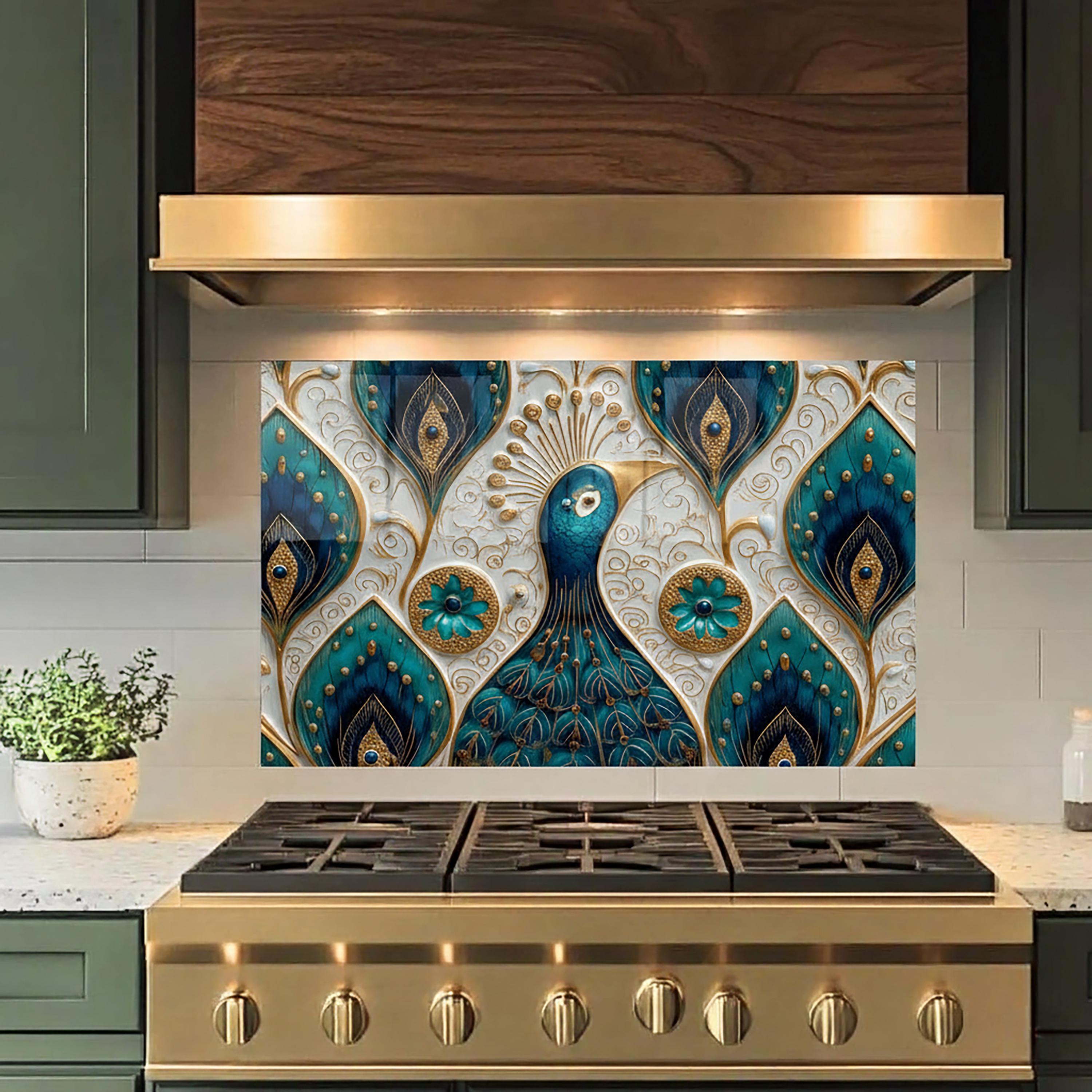 Peacock Art Deco Glass Backsplash | Teal Gold Luxury Stove