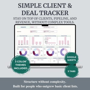 Può includere: Uno schermo di un laptop che mostra un client e un deal tracker in Google Sheets. Lo schermo mostra grafici e diagrammi con visualizzazioni di dati. Il testo sullo schermo recita "SIMPLE CLIENT & DEAL TRACKER". L'immagine include anche il testo "3 COLOR THEMES INCLUDED" e "3 TABS".
