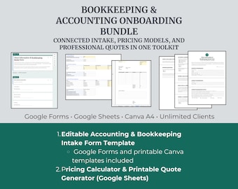 Könnte beinhalten: Ein Buchhaltungs-Onboarding-Bundle mit dem Text "BOOKKEEPING & ACCOUNTING ONBOARDING BUNDLE". Das Bundle enthält Google Forms, Google Sheets und Canva A4 Vorlagen. Es bietet ein editierbares Aufnahmeformular und einen Preiskalkulator.