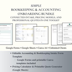 Może przedstawiać: Cyfrowy pakiet wdrażania księgowości i rachunkowości. Obraz przedstawia kolekcję dokumentów, w tym Formularze Google, Arkusze Google i szablony Canva. Pakiet zawiera formularz przyjęcia, kalkulator cen i generator ofert.