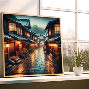 Kyoto Night Alley Art | Rain Reflection Print | Machiya Street Poster | Warm Japandi Decor | Traditional Japan