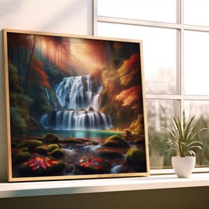 Könnte beinhalten: Ein gerahmter Kunstdruck, der eine lebendige Wasserfallszene darstellt. Das Kunstwerk zeigt einen kaskadierenden Wasserfall, umgeben von üppigem Grün und Herbstlaub. Die Farbpalette umfasst Blau-, Grün-, Rot- und Goldtöne und schafft eine ruhige Landschaft.