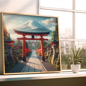May include: Framed print featuring a Japanese landscape with a red torii gate, stone path, and traditional lanterns. The artwork depicts a mountain with a snow-capped peak under a cloudy sky. The print is displayed on a white windowsill.