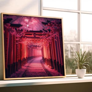Fushimi Inari Torii Gates Art | Crimson Dawn Light Decor | Pink Sakura Fireflies Print | Kyoto Spiritual Path Landscape | Digital Download