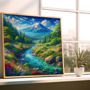 May include: A framed landscape art print depicts a mountain with a snow-capped peak, a flowing river, and lush green vegetation. The artwork features vibrant colors, including blues, greens, and reds, and is set against a bright blue sky with fluffy white clouds.