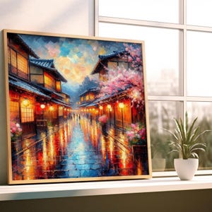 Impressionist Kyoto Street Art | Rain Reflection Print – Vibrant Japan Painting Wall Decor