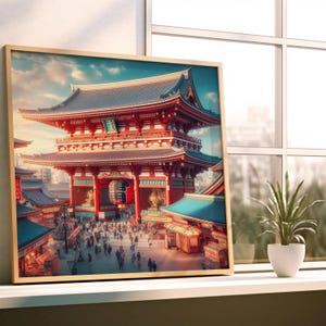 Op de afbeelding: Een ingelijste prent van een Japanse tempel met een rode poort en traditionele architectuur. De afbeelding toont een drukke menigte, een grote rode lantaarn en blauwe daken onder een bewolkte hemel. De lijst is goudkleurig.