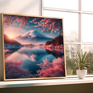 Mount Fuji Sunrise Cherry Blossom | Lake Reflection – Japanese Spring Wall Art