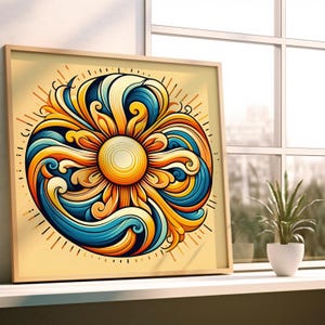 Stylized Sun and Wave Art | Abstract Ocean Energy Design | Modern Celestial Zen Decor