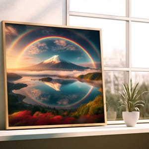 Arcoíris doble del Monte Fuji – Arte paisajístico japonés – Arte mural zen – Obra de arte imprimible Japandi