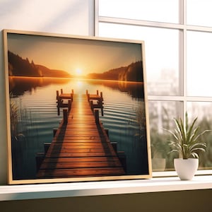 Wooden Pier at Sunset – Zen Lake Landscape Art | Minimal Japanese Serenity Wall Art | Digital Download