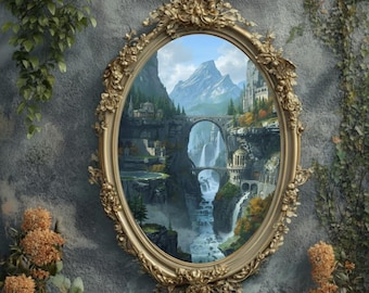 ファンタジー城の滝のプリント - 中世の王国の壁アート