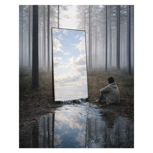 Surreal Mirror Portal Art, Dreamlike Forest Reflection, Conceptual Liminal Wall Art Print