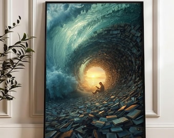 Surreal Book Wave Art Print – Dreamy Ocean Fantasy Wall Decor (Digital Download)
