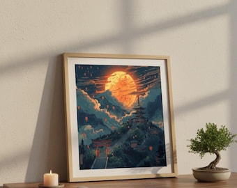 以下が含まれることがあります： 大きなオレンジ色の太陽、山、伝統的な建物が描かれた日本の風景の額入りアートプリント。 このアートワークは、オレンジ、青、緑の暖色系の色使いで、塔、鳥居、提灯が特徴です。