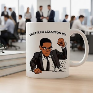May include: White ceramic mug with a cartoon illustration of a man in a suit, clenching his fist, and the text "THAT REALIZATION HIT." The mug has a curved handle. The mug is set on a wooden surface.