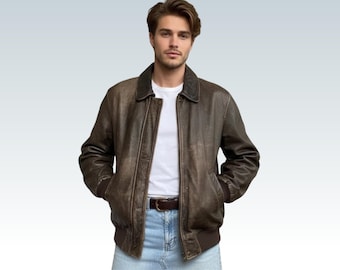 Vintage Distressed Brown Leather Jacket | Unisex Retro Bomber biker jacket| real leather jacket| motorcycle leather jacket| avirex jacket